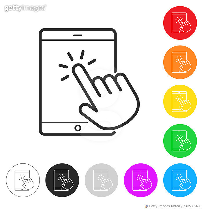 1405355696 | 게티이미지코리아 | Touch tablet PC with hand. Icon on colorful ...